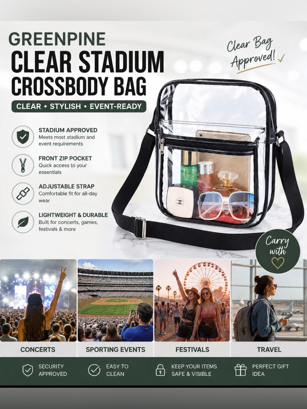 GreenPine Clear Stadium Crossbody Bag Transparent Security Approved Travel Purse